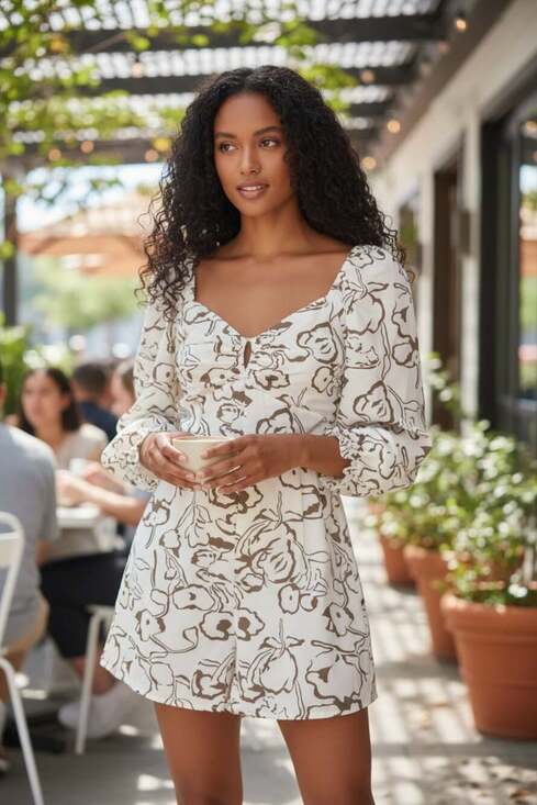 Entro Pants - Entro Beige Print Long Sleeves Romper